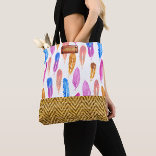 Fashionable Watercolor Feather Rattan Look Tote Bag