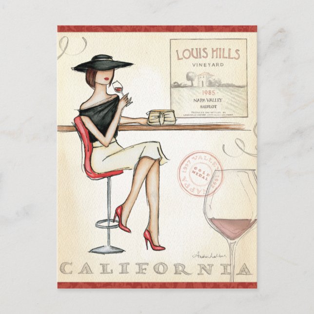 Fashionable Woman Drinking Wine Postcard (Front)