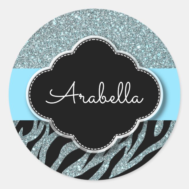 Fashionable Zebra Pattern Blue Black Silver Name Classic Round Sticker (Front)