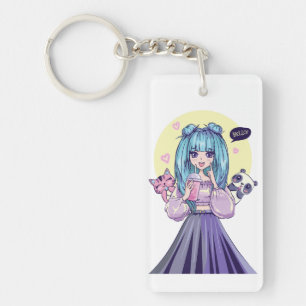 Fashionista: Blue-Haired Girl with Panda and Cat Key Ring