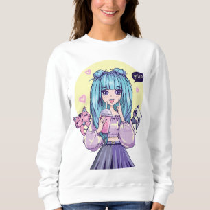 Fashionista: Blue-Haired Girl with Panda and Cat Sweatshirt