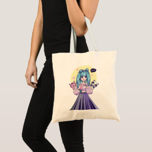 Fashionista: Blue-Haired Girl with Panda and Cat Tote Bag