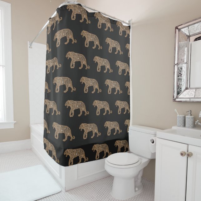 Fashionista Gold Black Glitter Tiger Pattern Shower Curtain (In Situ)