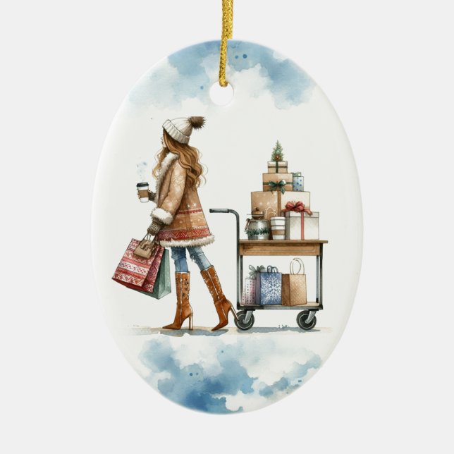 Fashionista Holiday Shop Coffee Cart Personalised Ceramic Tree Decoration (Front)