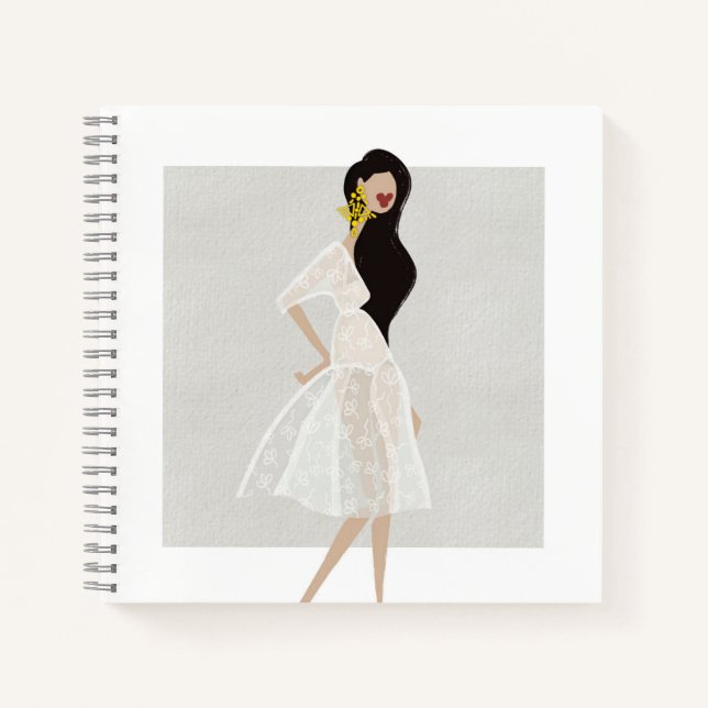 Fashionista in a White Dress Fashion Illustration Notebook (Front)