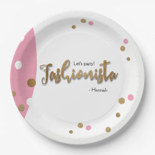Fashionista Pink Gold confetti Birthday theme Paper Plate