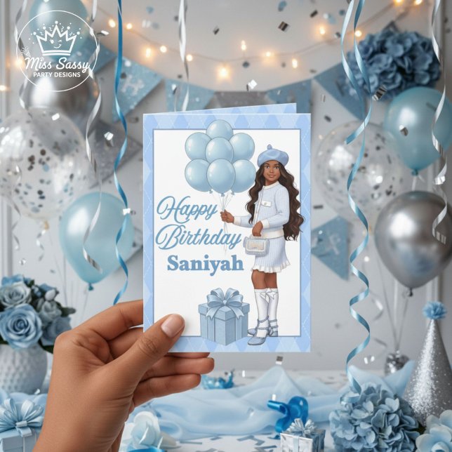 Fashionista Teen Girl Blue Stylish Birthday Wishes Card (Chic teen birthday card with Black Girl Magic vibes, shown 5x7 hand-held with glam décor.)