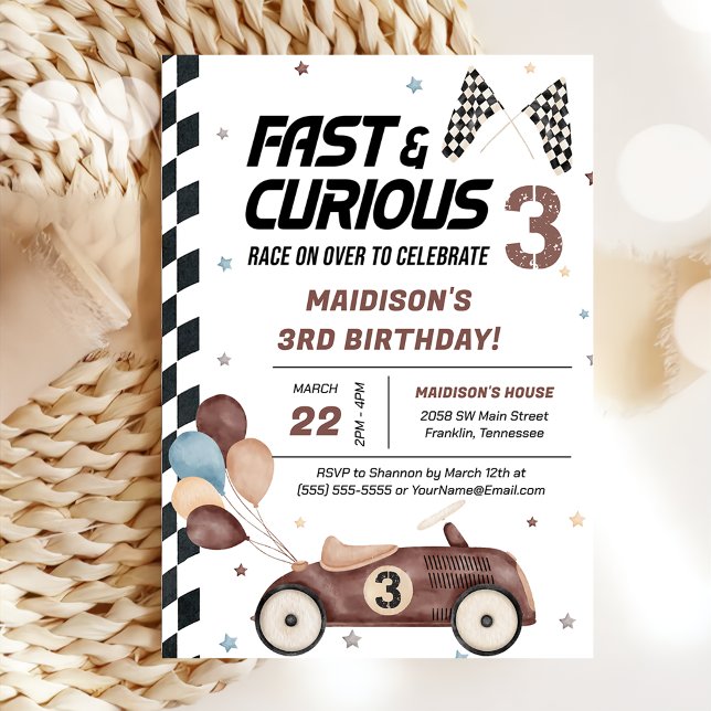 Fast And Curious Brown Race Car 3rd Birthday Party Invitation (Creator Uploaded)