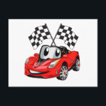 Fast car cartoon flag race - Choose back colour Postcard<br><div class="desc">car cars cartoon tuning , illustration muscle characters nice,  fast baby racing funny , little cute cool supercar,  happy for kids race,  drive driver vehicle motor , drawing adorable smile fun , happiness wheel extreme kid,  boy boys engine sport,  humour car cars cartoon</div>
