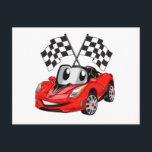 Fast car cartoon flag race - Choose back colour Postcard<br><div class="desc">car cars cartoon tuning , illustration muscle characters nice,  fast baby racing funny , little cute cool supercar,  happy for kids race,  drive driver vehicle motor , drawing adorable smile fun , happiness wheel extreme kid,  boy boys engine sport,  humour car cars cartoon</div>