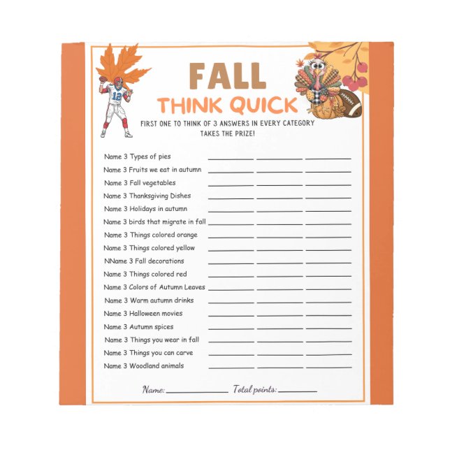 Fast Fall Trivia Game Small  Notepad (Front)