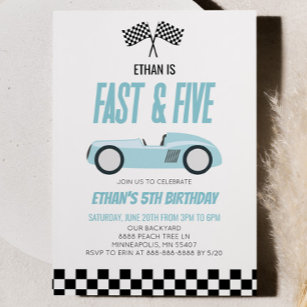 Fast & Five Blue Race Car 5th Birthday Party Invitation