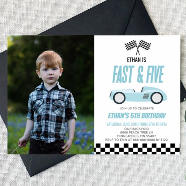 Fast & Five Blue Race Car 5th Birthday Party Invitation (Creator Uploaded)
