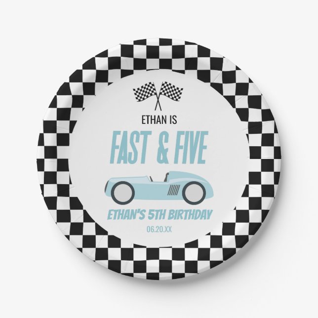 Fast & Five Blue Race Car 5th Birthday Party Paper Plate (Front)