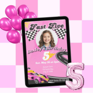Fast Five, Picture Pink Racing 5th Birthday Invitation