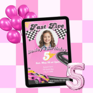 Fast Five, Picture Pink Racing 5th Birthday Invitation
