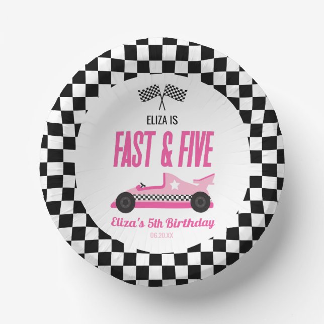 Fast & Five Pink Race Car 5th Birthday Party Paper Plate (Front)