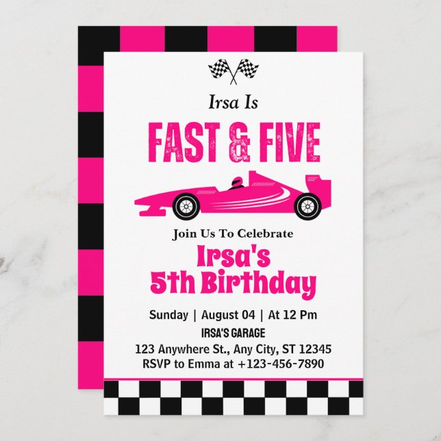 Fast & Five Race Car Girl 5th Birthday Party  Invitation (Front/Back)