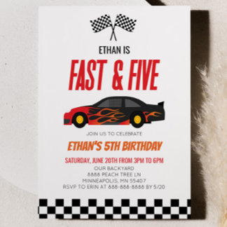 Fast & Five Red Flame Race Car 5th Birthday Party Invitation