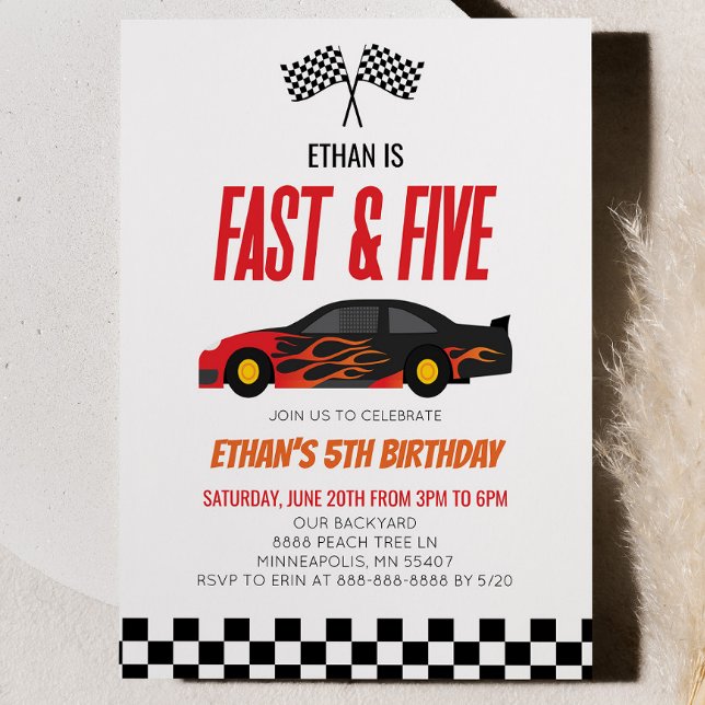 Fast & Five Red Flame Race Car 5th Birthday Party Invitation (Creator Uploaded)