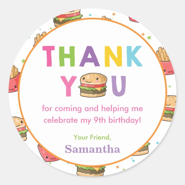 Fast Food Burger Birthday Party Thank You Favour Classic Round Sticker (Front)