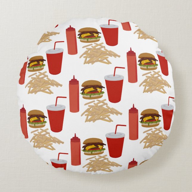 Fast Food Burger Fries Pattern Round Cushion (Front)