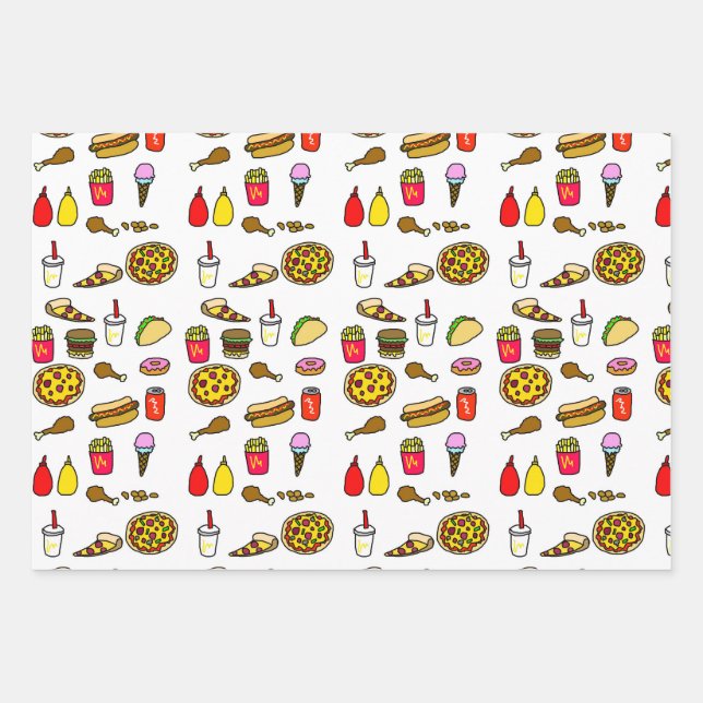 Fast Food Cartoon Wrapping Paper Set (Front)