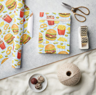 Fast Food Pattern on Blue Gingham Wrapping Paper