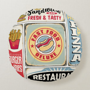 Fast food restaurants and diners retro signs colle round cushion