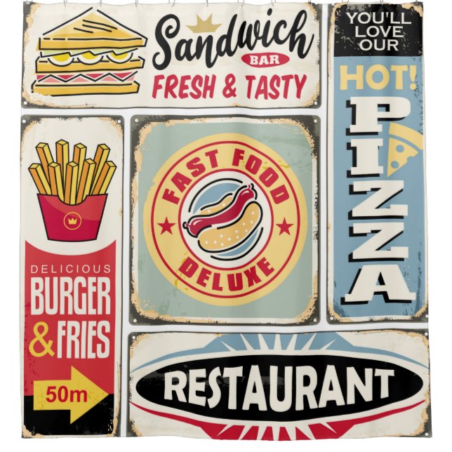 Fast food restaurants and diners retro signs colle shower curtain (Front)