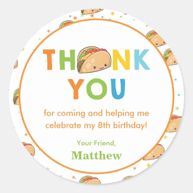 Fast Food Taco Boy Birthday Party Thank You Favour Classic Round Sticker (Front)