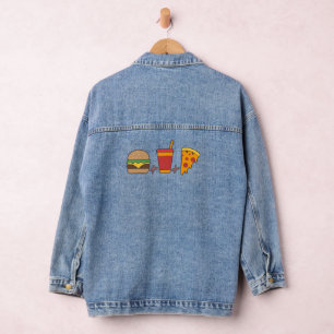 Fast–Food Trio: Burger, Soda, Pizza Slice in Bold Denim Jacket