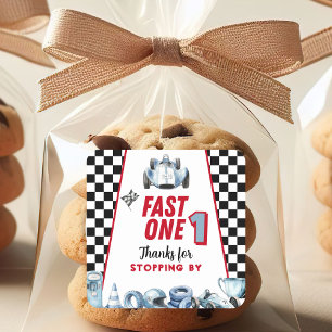 Fast One 1st birthday Boy Racing Thank You Square Sticker