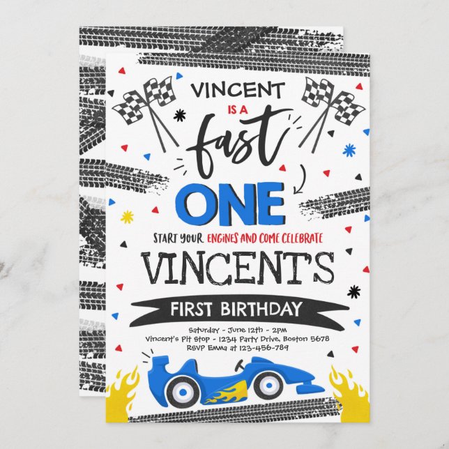 Fast One 1st Birthday Party Blue Race Car Fast One Invitation (Front/Back)