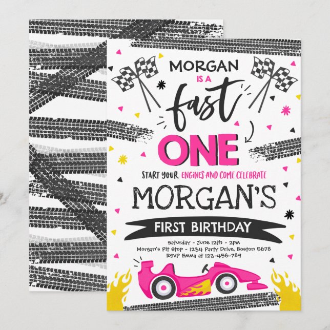 Fast One 1st Birthday Party Pink Race Car Fast One Invitation (Front/Back)