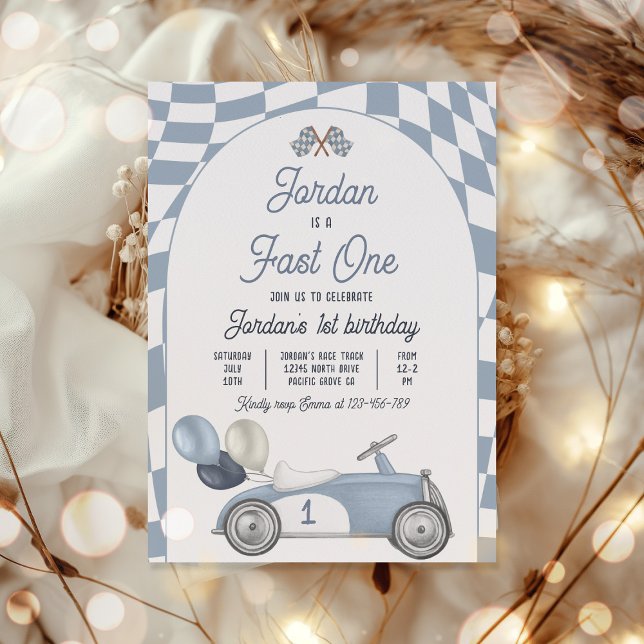 Fast One Birthday Party Blue Race Car 1st Birthday Invitation (Creator Uploaded)