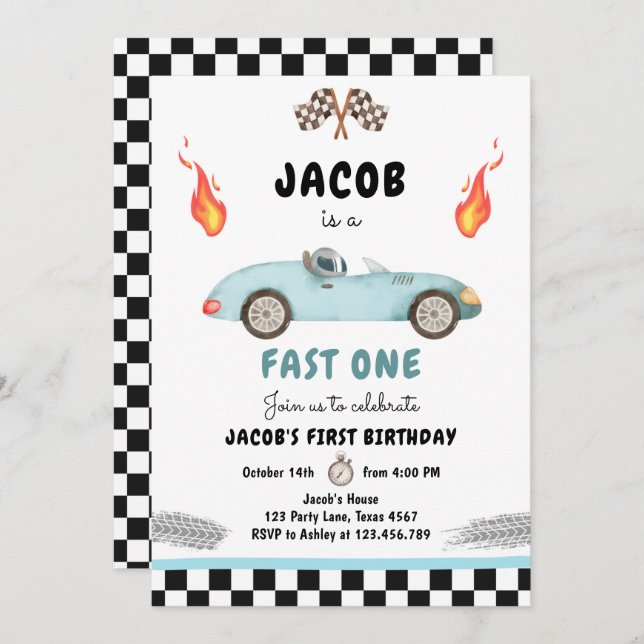 Fast One Birthday Party Race Car Blue 1st Birthday Invitation (Front/Back)
