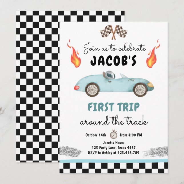 Fast One Birthday Party Race Car Blue 1st Birthday Invitation (Front/Back)