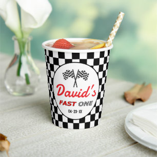 Fast ONE Black White Race Car Flags Birthday Paper Cups