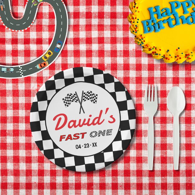 Fast ONE | Black White Race Car Flags Birthday  Paper Plate (Creator Uploaded)