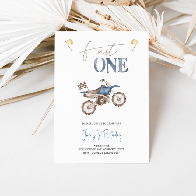 Fast ONE Blue Dirt Bike Birthday Invitation  (Creator Uploaded)