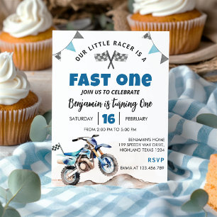 Fast One Blue Dirt Bike Birthday Party Invitation