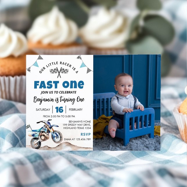 Fast One Blue Dirt Bike Birthday Party Photo Invitation (Creator Uploaded)