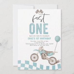 Fast One Blue Dirt Bike Boy 1st Birthday Invitation