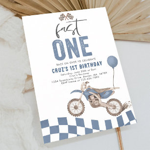 Fast One Blue Dirt Bike Boy 1st Birthday Invitation