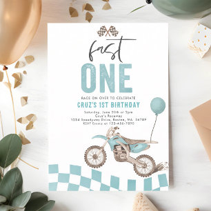 Fast One Blue Dirt Bike Boy 1st Birthday Invitation
