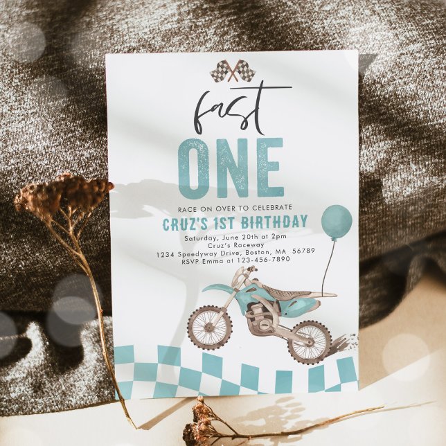 Fast One Blue Dirt Bike Boy 1st Birthday Party  Invitation (Creator Uploaded)