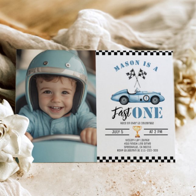 Fast One Blue Photo Race car Boy 1st Birthday Invitation (Creator Uploaded)