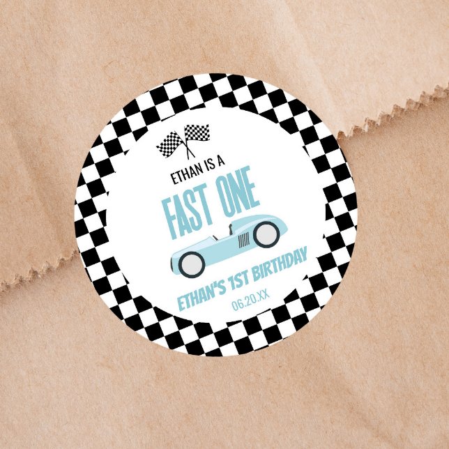 Fast One Blue Race Car 1st Birthday Party Classic Round Sticker (Creator Uploaded)