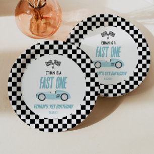 Fast One Blue Race Car 1st Birthday Party Paper Plate